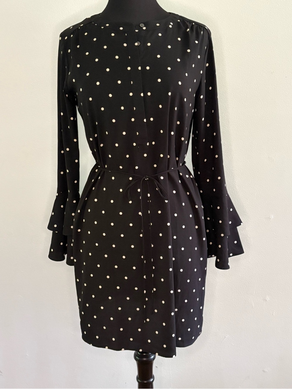 LOFT Black Polka Dot Long Sleeve Tie-Waist Dress Small